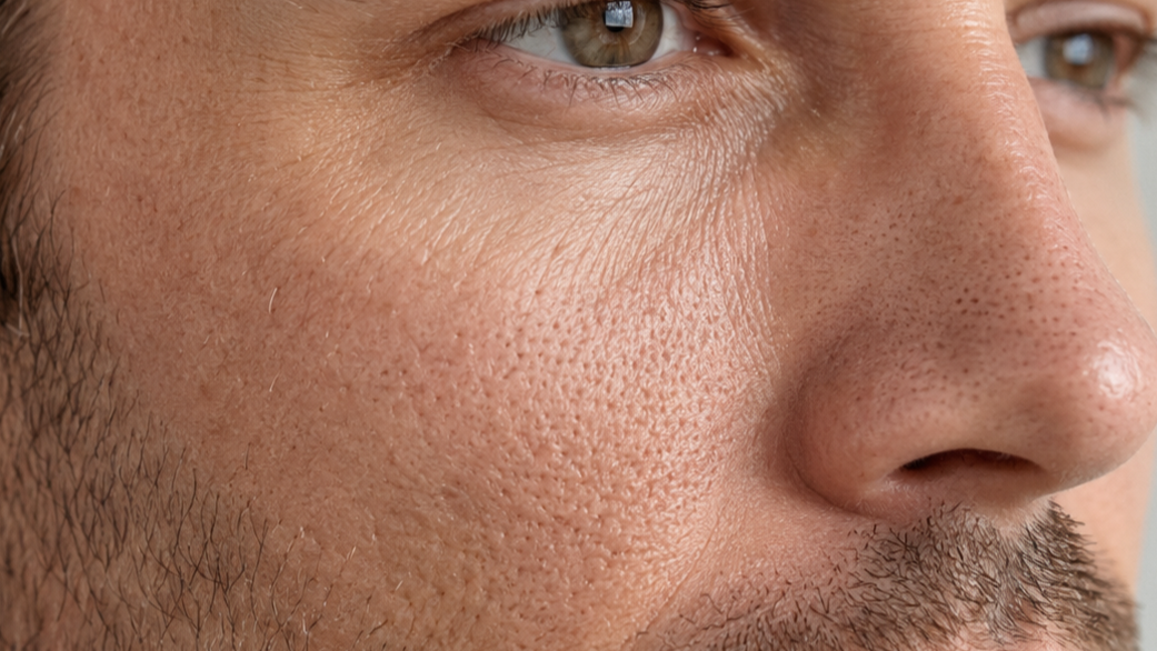 Man with rough skin texture and large, visible pores